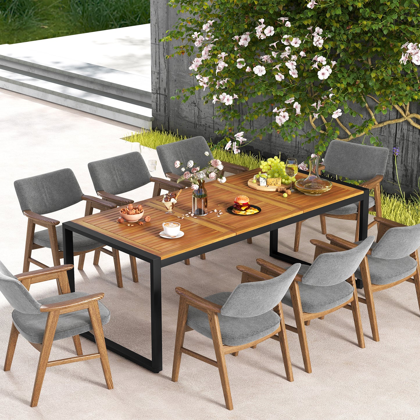 8-Person Dining Table for Outdoors with Metal Legs and Adjustable Foot Pads