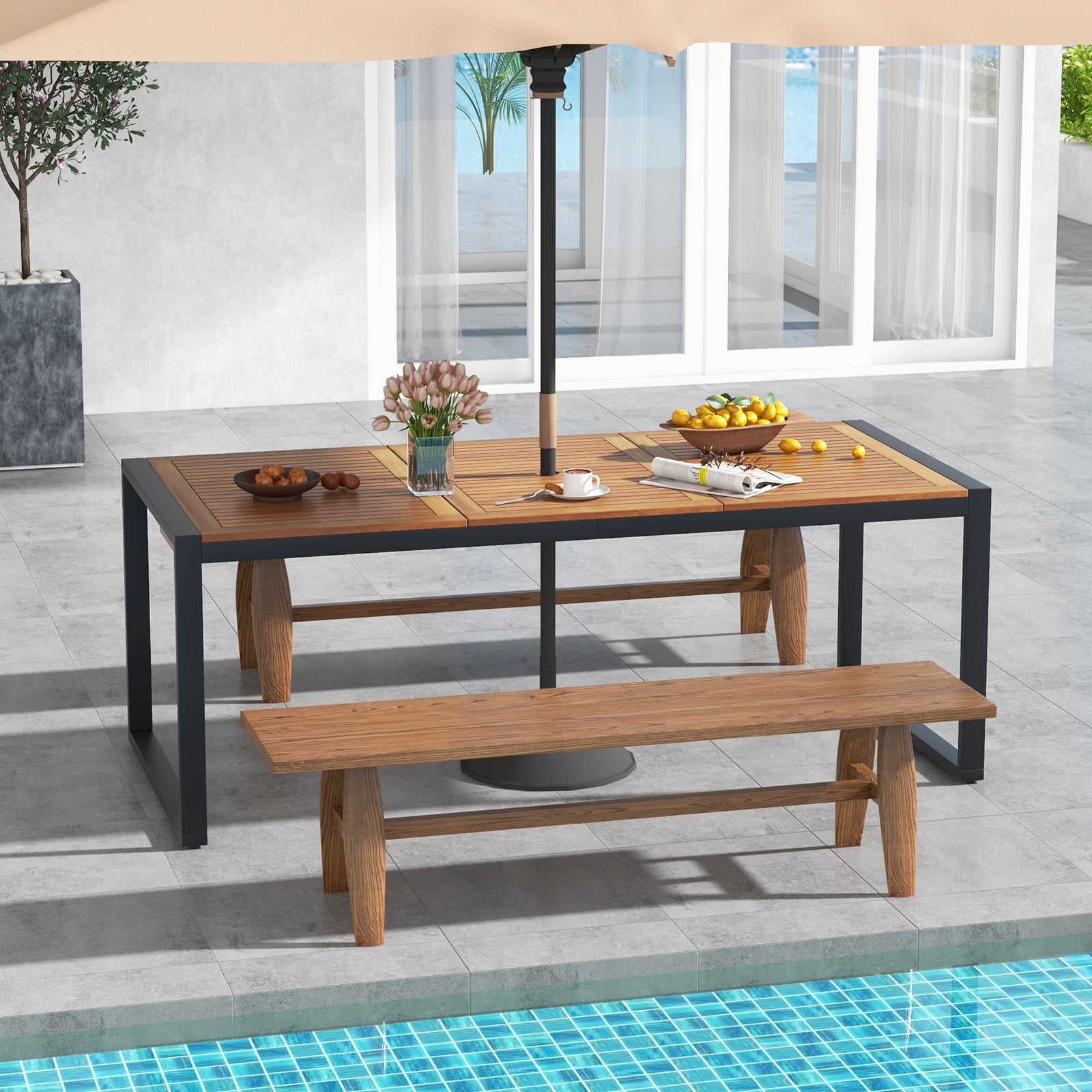 8-Person Dining Table for Outdoors with Metal Legs and Adjustable Foot Pads