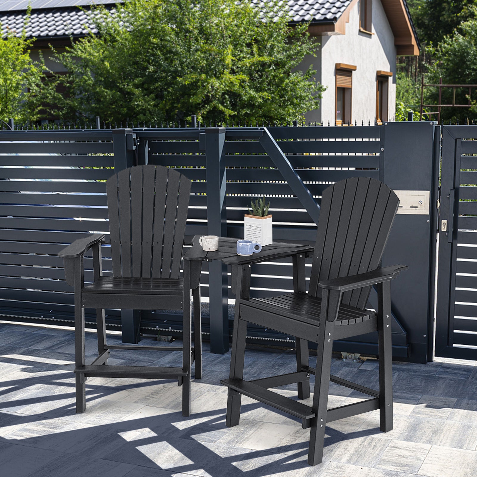 Tall Adirondack Chair Set of 2 with Middle Connecting Tray-Black