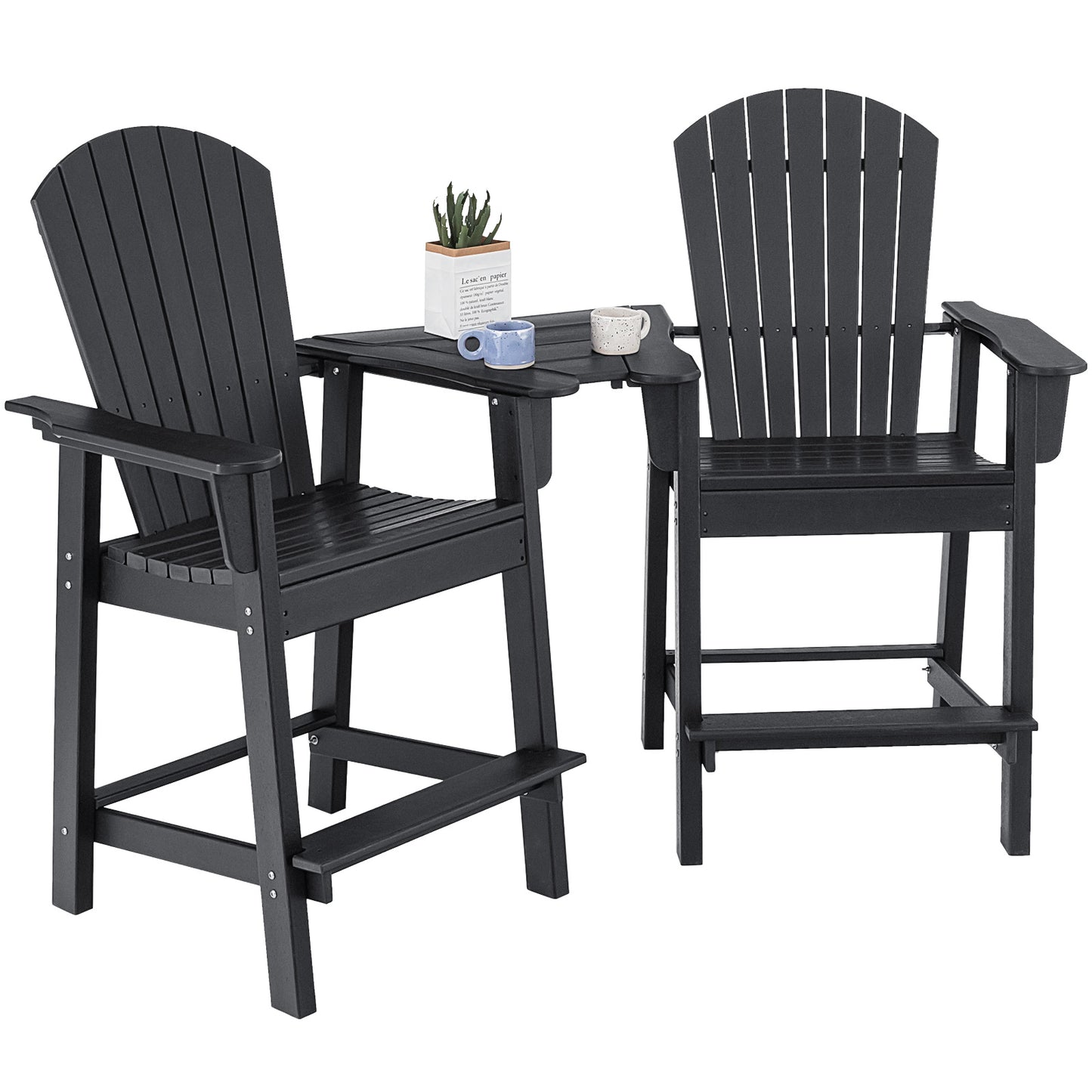 Tall Adirondack Chair Set of 2 with Middle Connecting Tray-Black