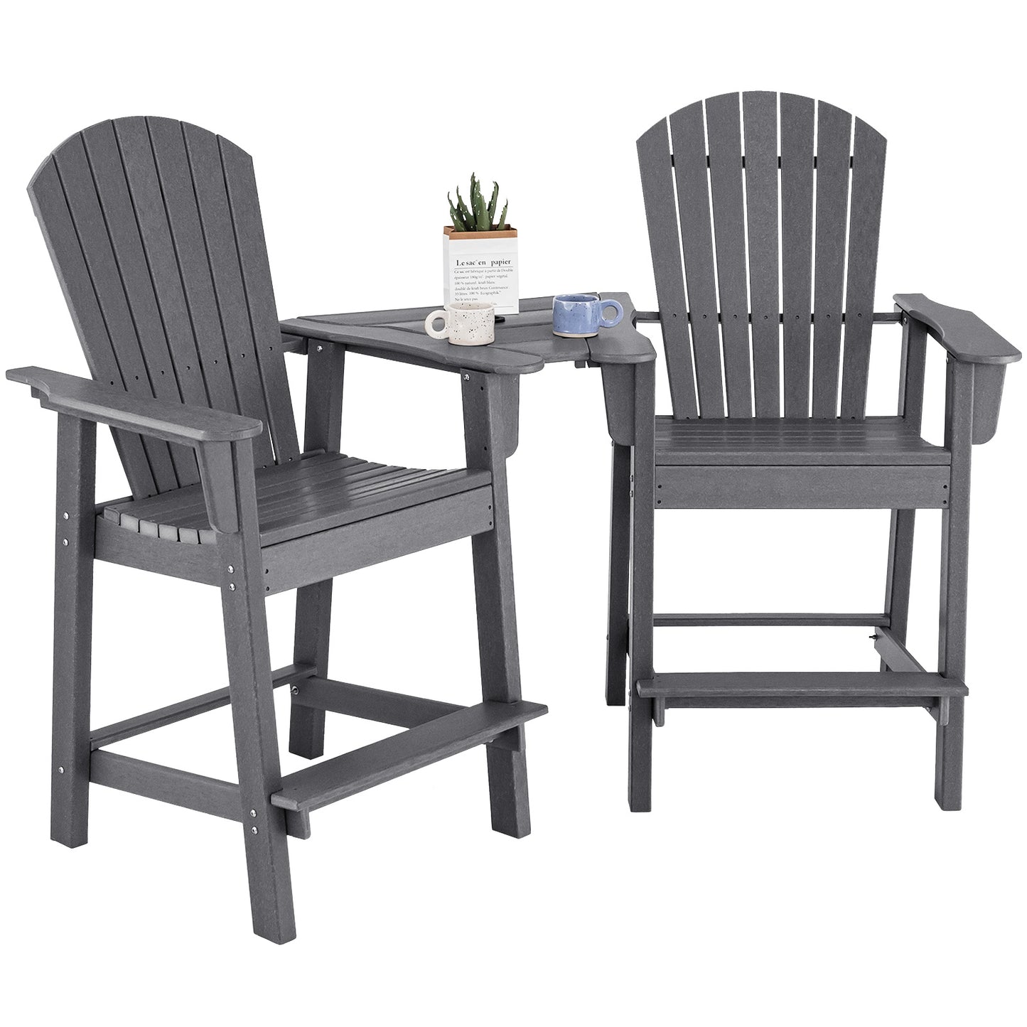 Tall Adirondack Chair Set of 2 with Middle Connecting Tray-Grey