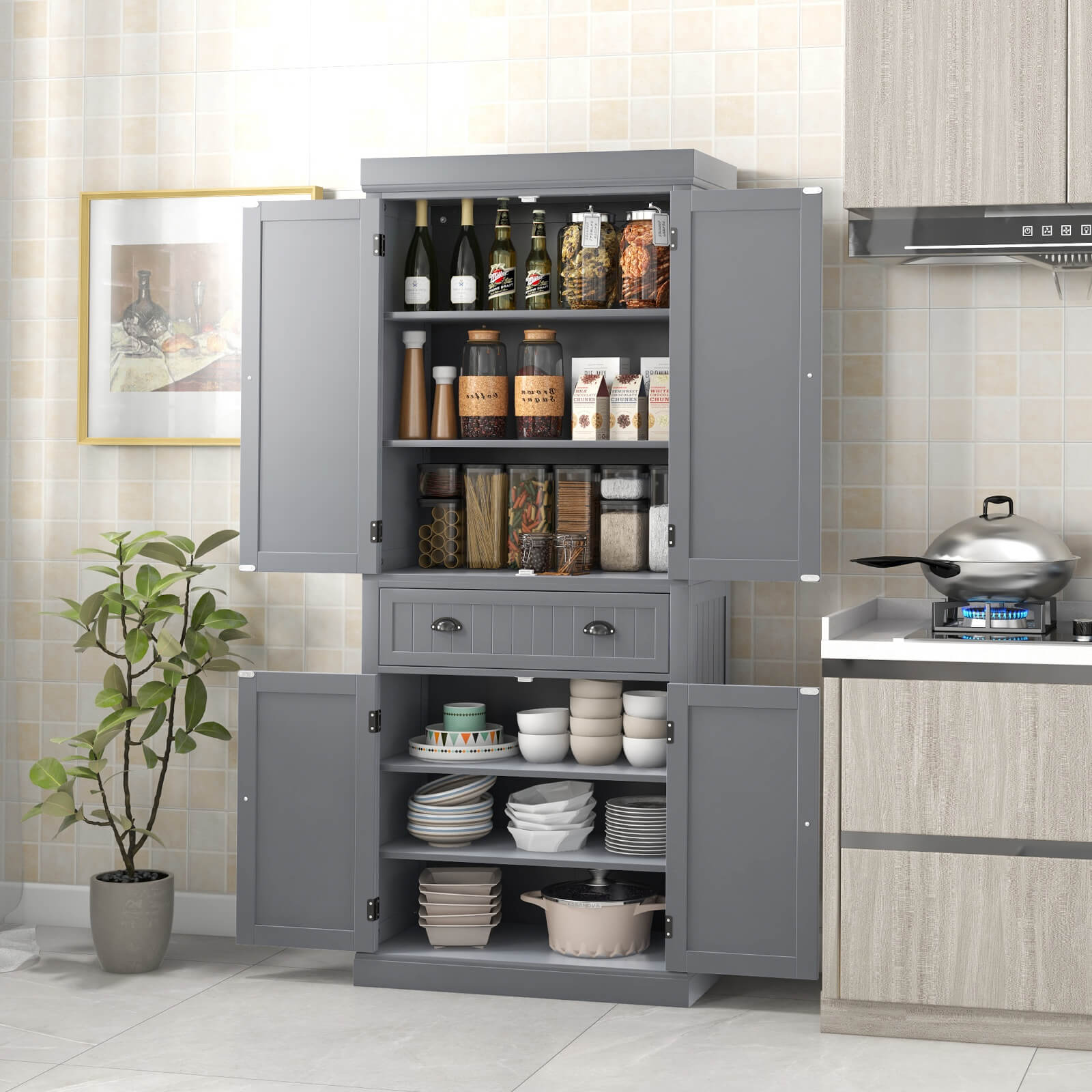 4-Door Tall Kitchen Sideboard with Adjustable Shelves-Grey