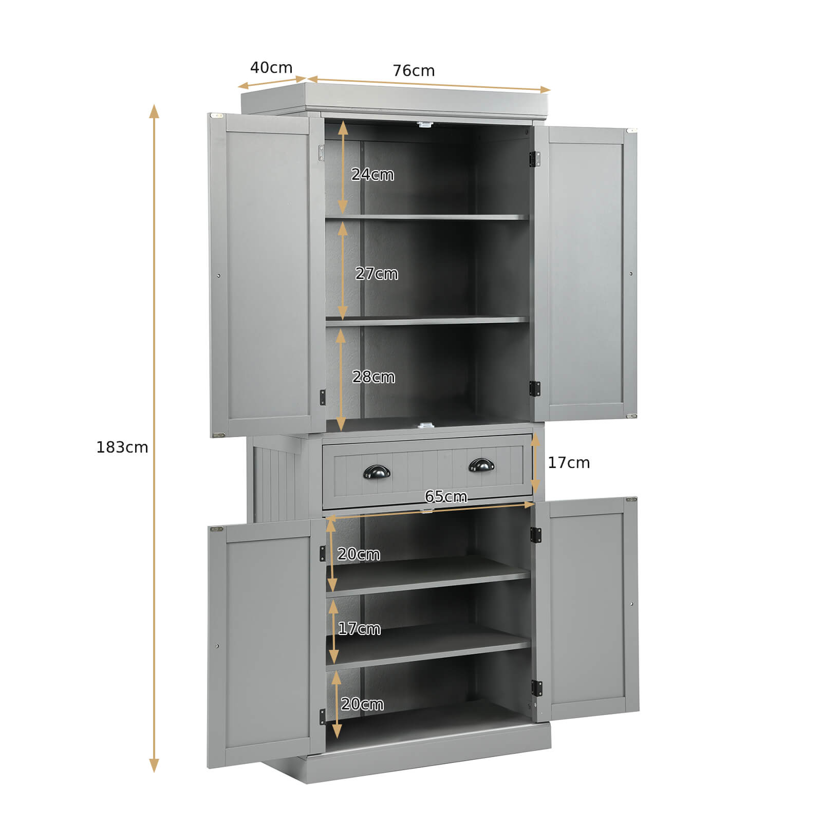 4-Door Tall Kitchen Sideboard with Adjustable Shelves-Grey