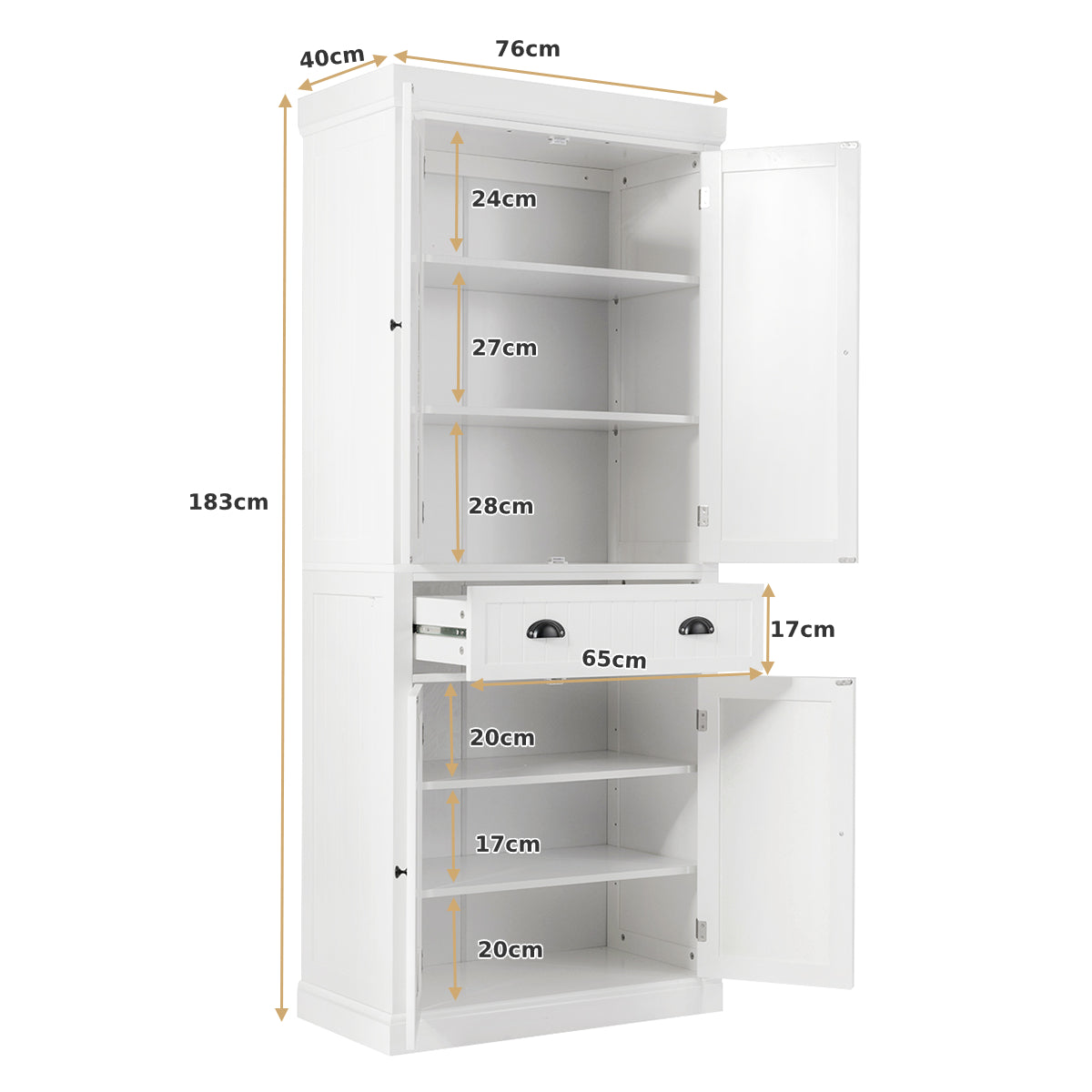 4-Door Tall Kitchen Sideboard with Adjustable Shelves-White