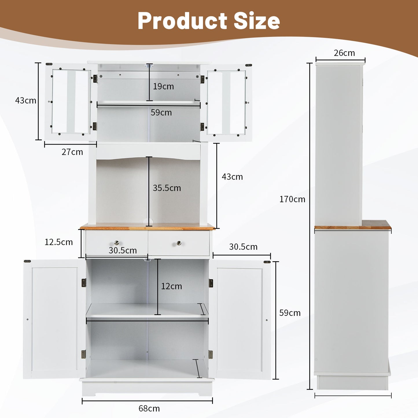 Tall Kitchen Pantry Cabinet with Wood Countertop and Adjustable Shelves-White