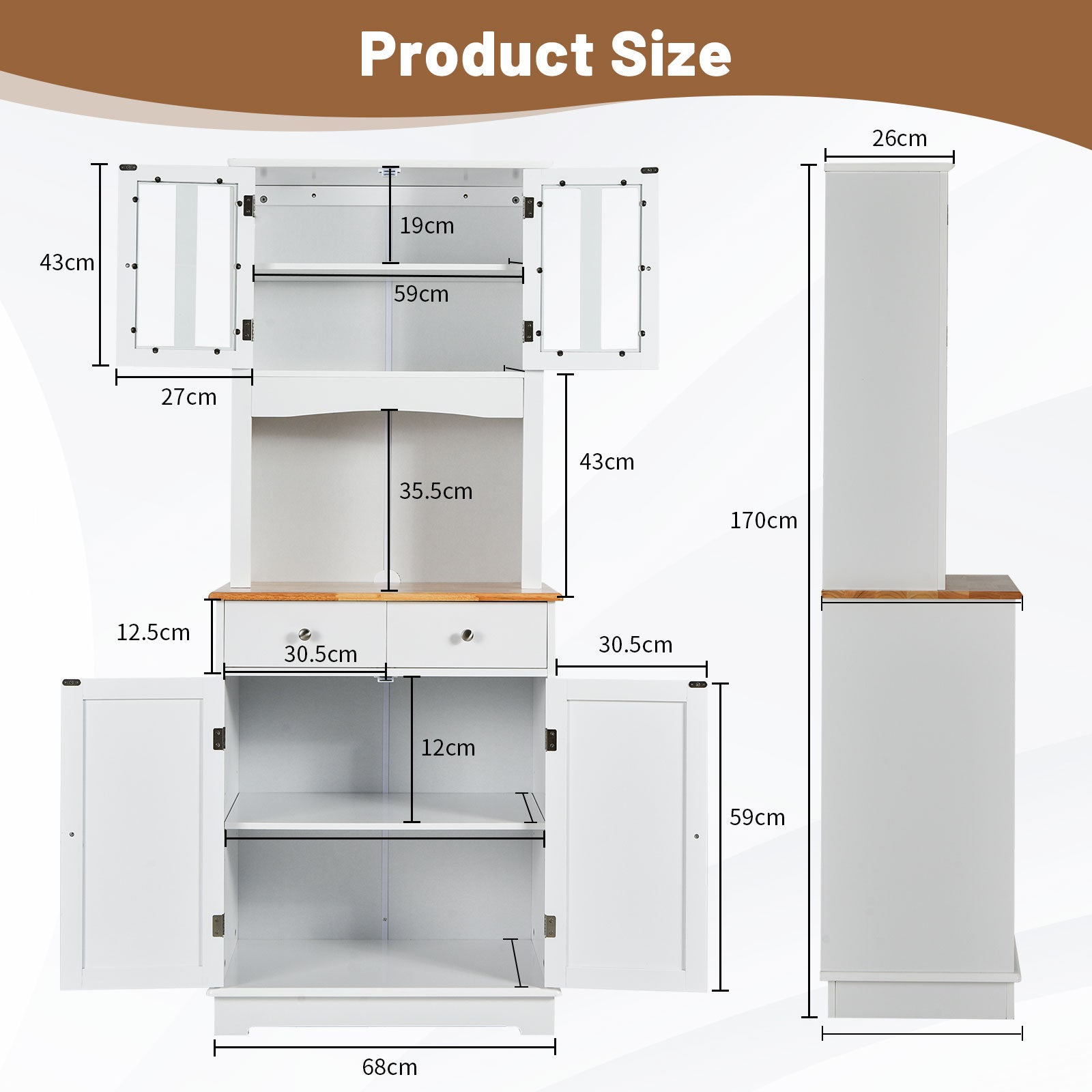 Tall Kitchen Pantry Cabinet with Wood Countertop and Adjustable Shelves-White