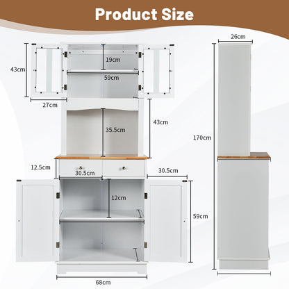 Tall Kitchen Pantry Cabinet with Wood Countertop and Adjustable Shelves-White