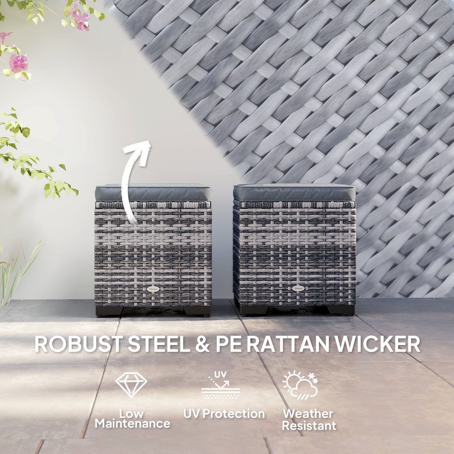 Outsunny Set of 2 Rattan Storage Ottoman, Outdoor Footstool with Removable Cushions, Garden Storage Seat for Balcony, Poolside, Living Room, Dark Grey