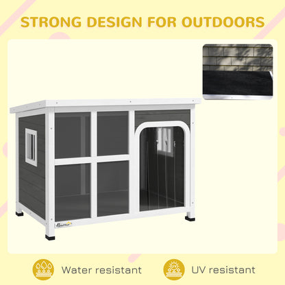 PawHut Wooden Outdoor Dog House with Asphalt Openable Top, Removable Floor, Clear Front Panel, Curtain, Light Grey