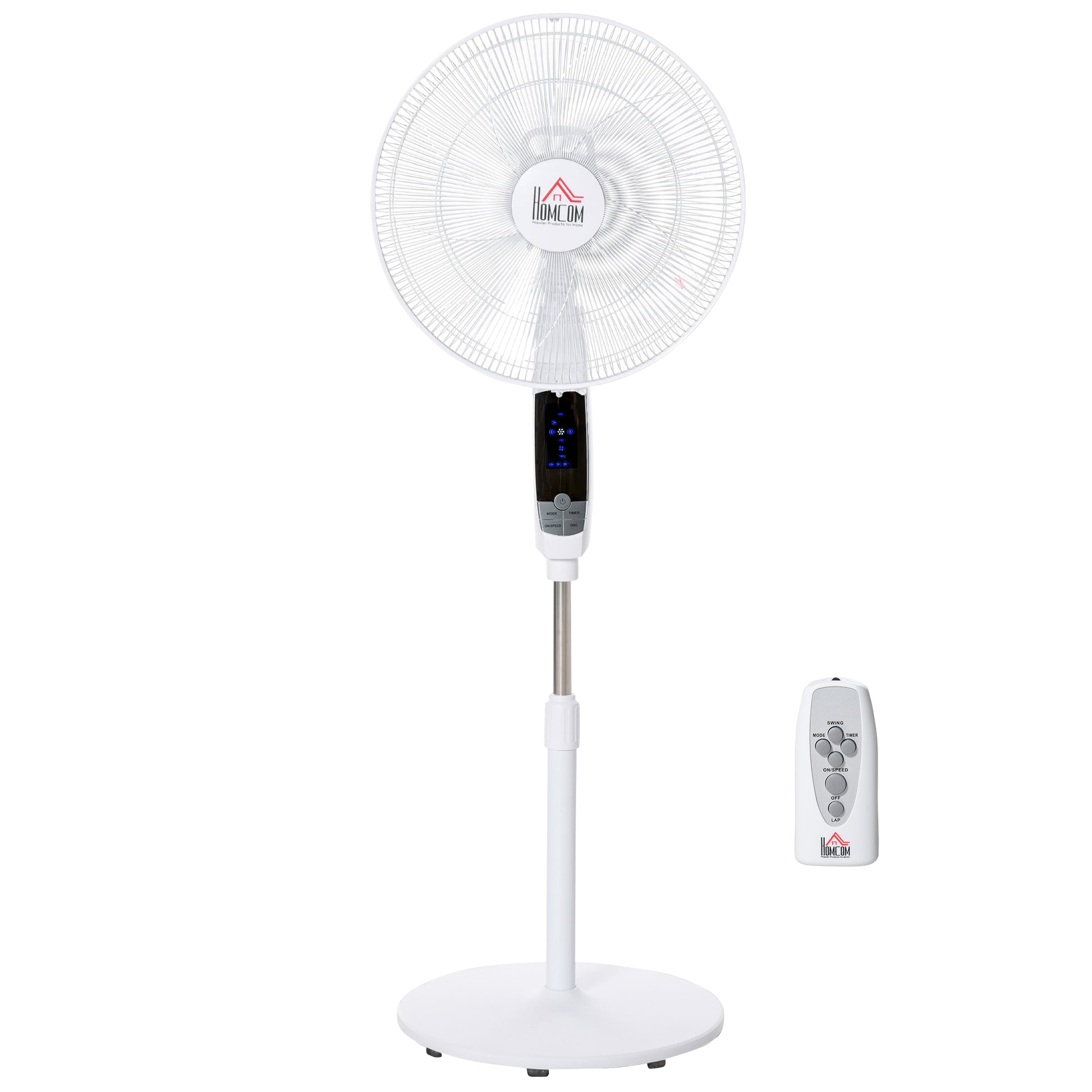 HOMCOM 54'' Pedestal Stand Fan, 3 Speed 3 Mode, 85° Oscillation, LED Panel, 3M Remote Controller, Height Adjustable for Living Room, Black & White