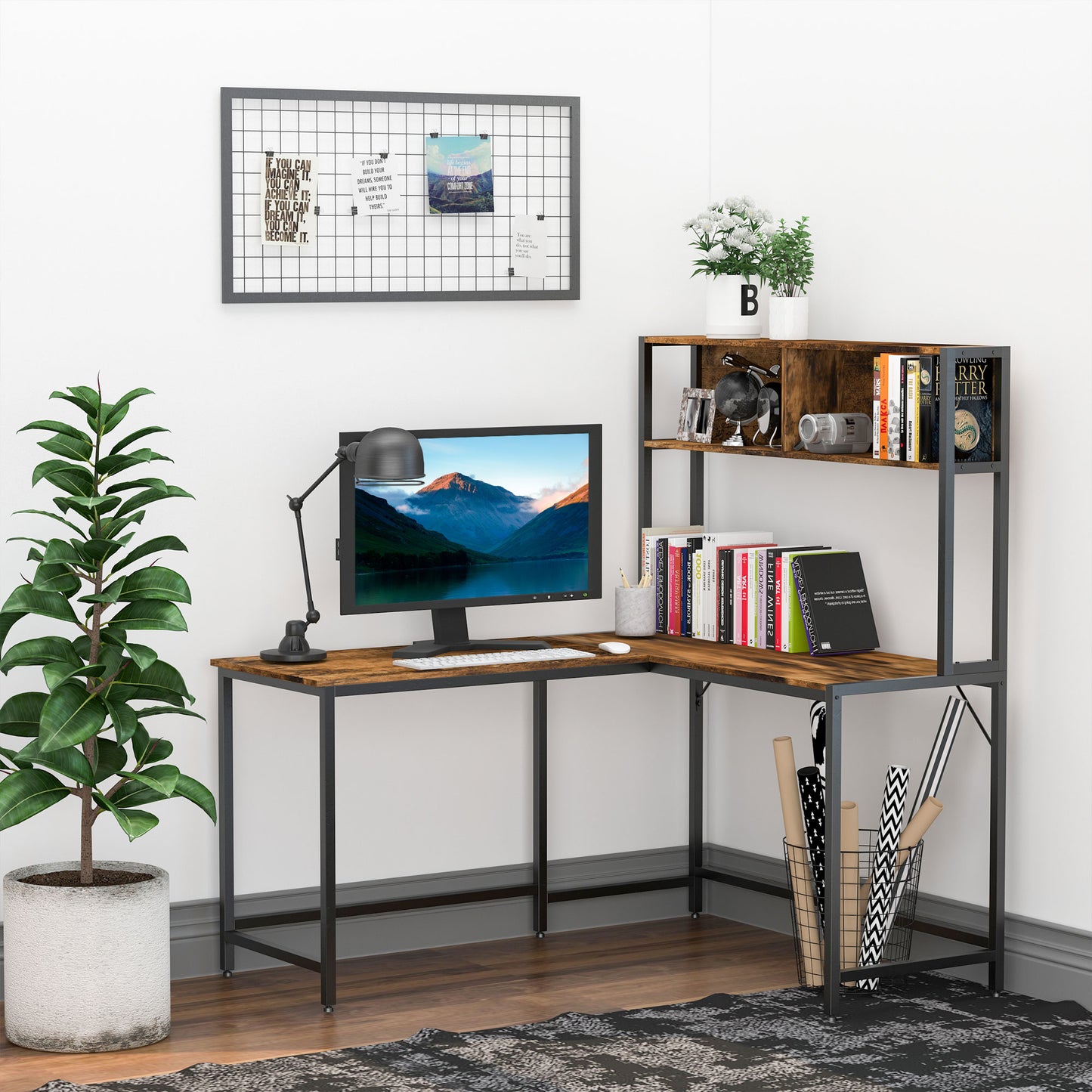 HOMCOM Industrial L-Shaped Work Desk & Storage Shelf Steel Frame Adjustable Feet Corner Workstation Home Office Study Stylish Brown Black