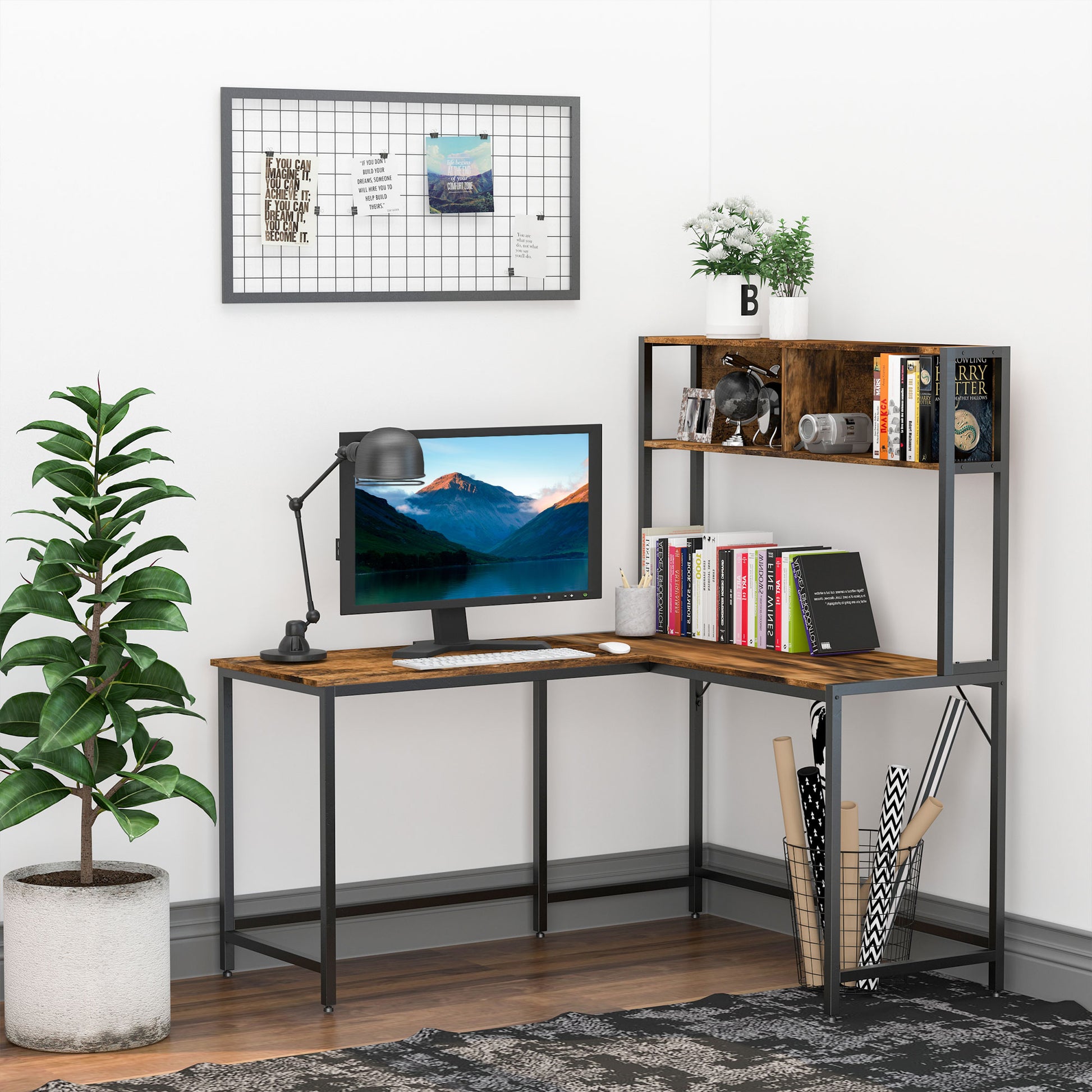 HOMCOM Industrial L-Shaped Work Desk & Storage Shelf Steel Frame Adjustable Feet Corner Workstation Home Office Study Stylish Brown Black