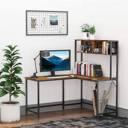HOMCOM Industrial L-Shaped Work Desk & Storage Shelf Steel Frame Adjustable Feet Corner Workstation Home Office Study Stylish Brown Black
