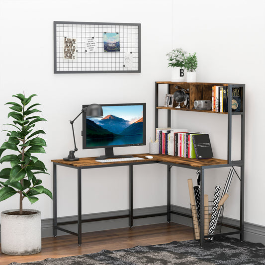 HOMCOM Industrial L-Shaped Work Desk & Storage Shelf Steel Frame Adjustable Feet Corner Workstation Home Office Study Stylish Brown Black