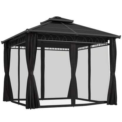Outsunny 3 x 3 (m) Outdoor Polycarbonate Gazebo, Double Roof Hard Top Gazebo with Galvanised Steel Frame, Nettings & Curtains for Garden, Lawn, Patio and Deck, Dark Grey