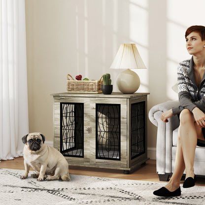 PawHut Indoor Dog Crate Furniture End Table with Soft Washable Cushion, Lockable Front Door, for Medium Dogs - Black