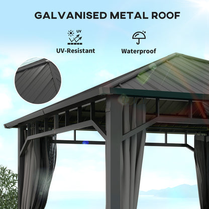 Outsunny 3 x 3(m) Hardtop Gazebo with Galvanised Steel Roof and Water Gutter, Waterproof Permanent Pavilion Garden Gazebo with Netting and Curtains for Patio, Deck