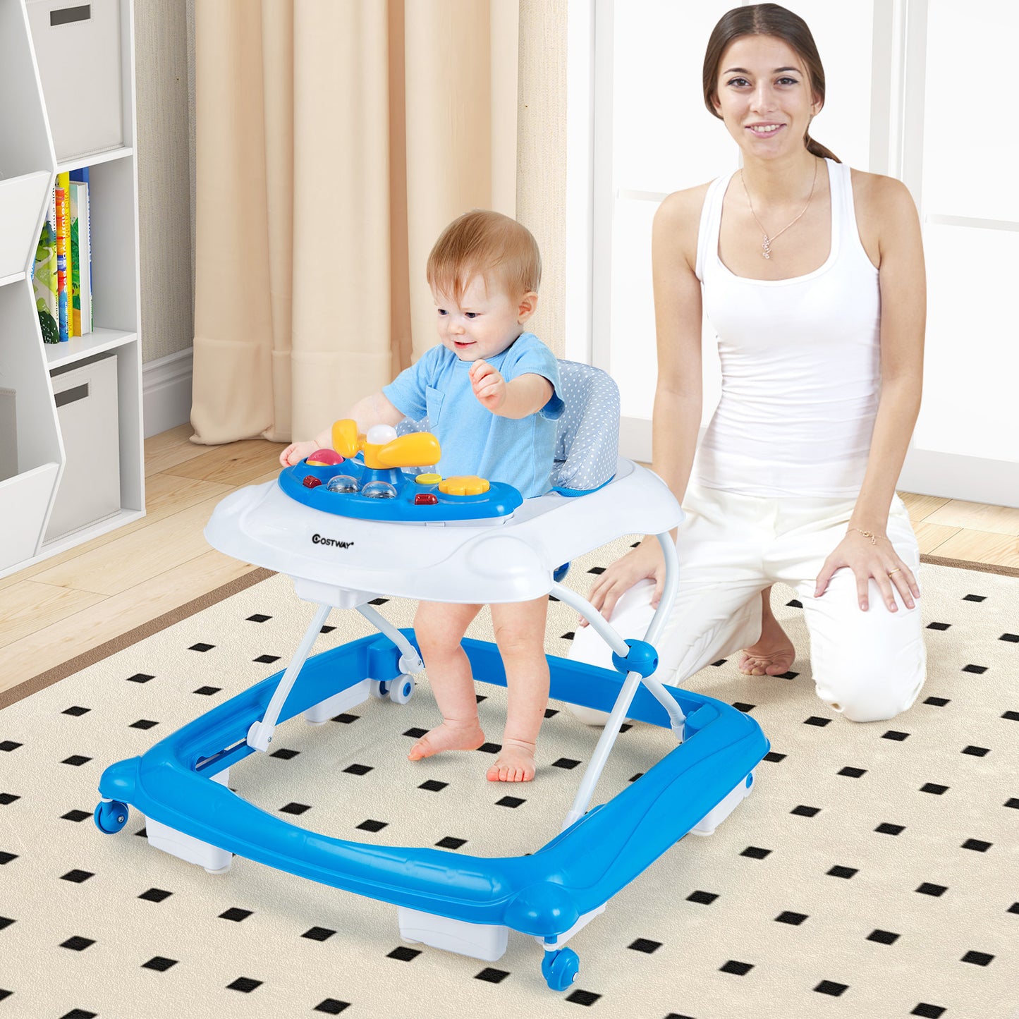 Foldable Baby Walker with 3 Adjustable Heights and Padded Seat-Blue