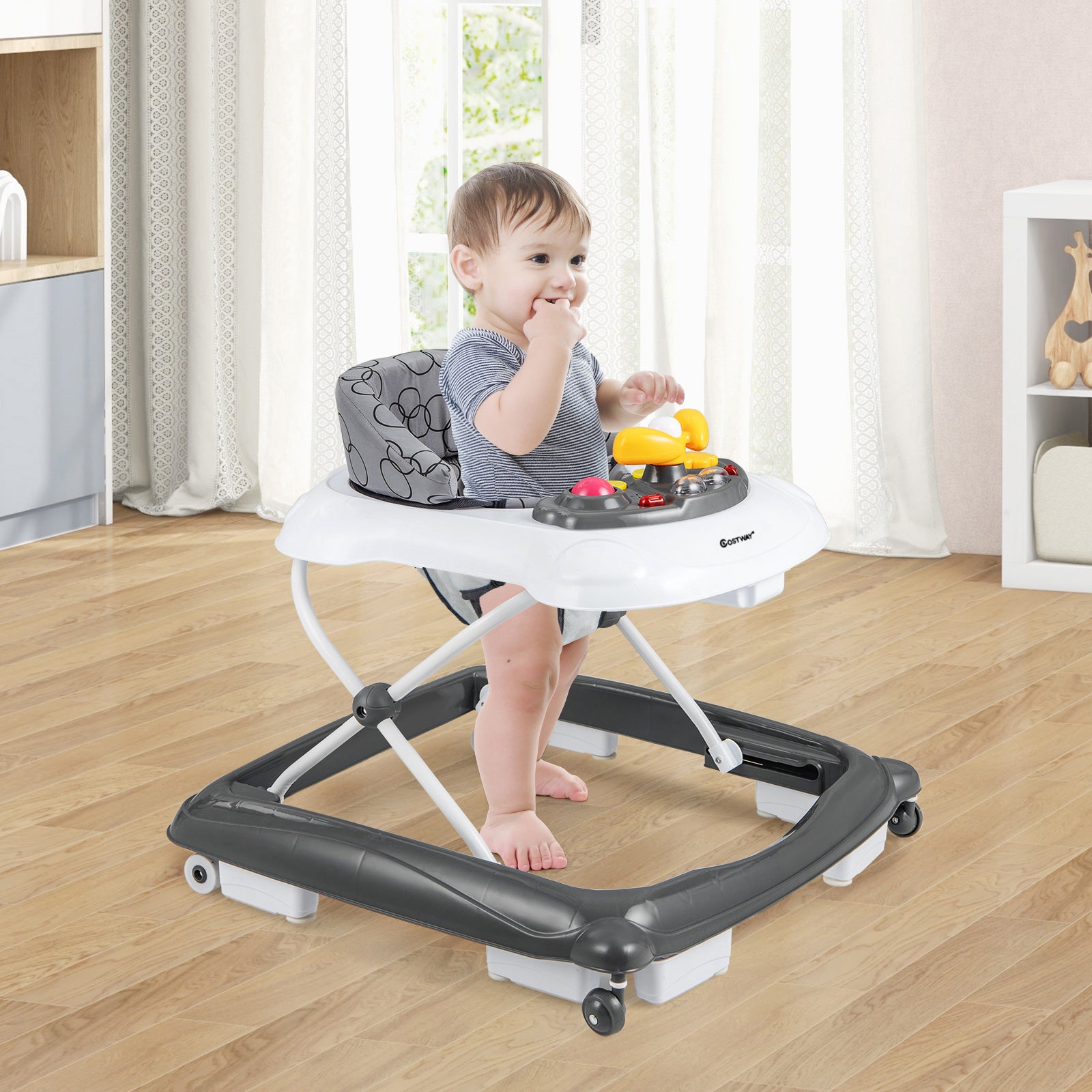 Foldable Baby Walker with 3 Adjustable Heights and Padded Seat-Grey