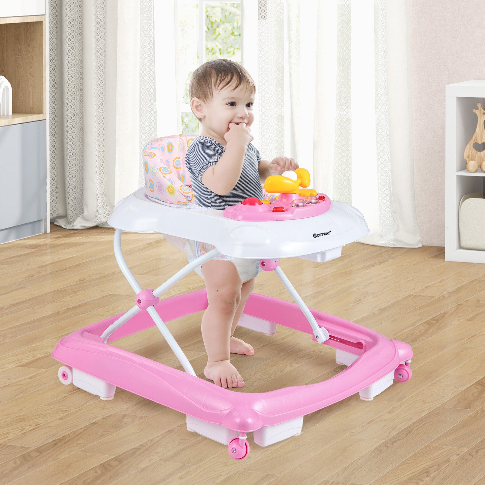 Foldable Baby Walker with 3 Adjustable Heights and Padded Seat-Pink