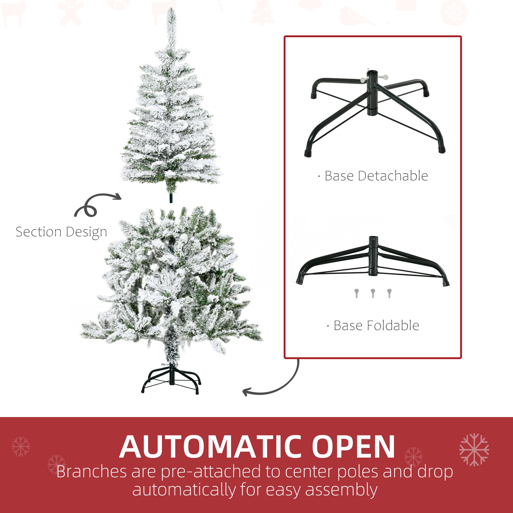 HOMCOM 5 Foot Snow Flocked Artificial Christmas Tree Xmas Pine Tree with 358 Realistic Branches, Auto Open and Steel Base, Green