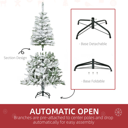 HOMCOM 5 Foot Snow Flocked Artificial Christmas Tree Xmas Pine Tree with 358 Realistic Branches, Auto Open and Steel Base, Green