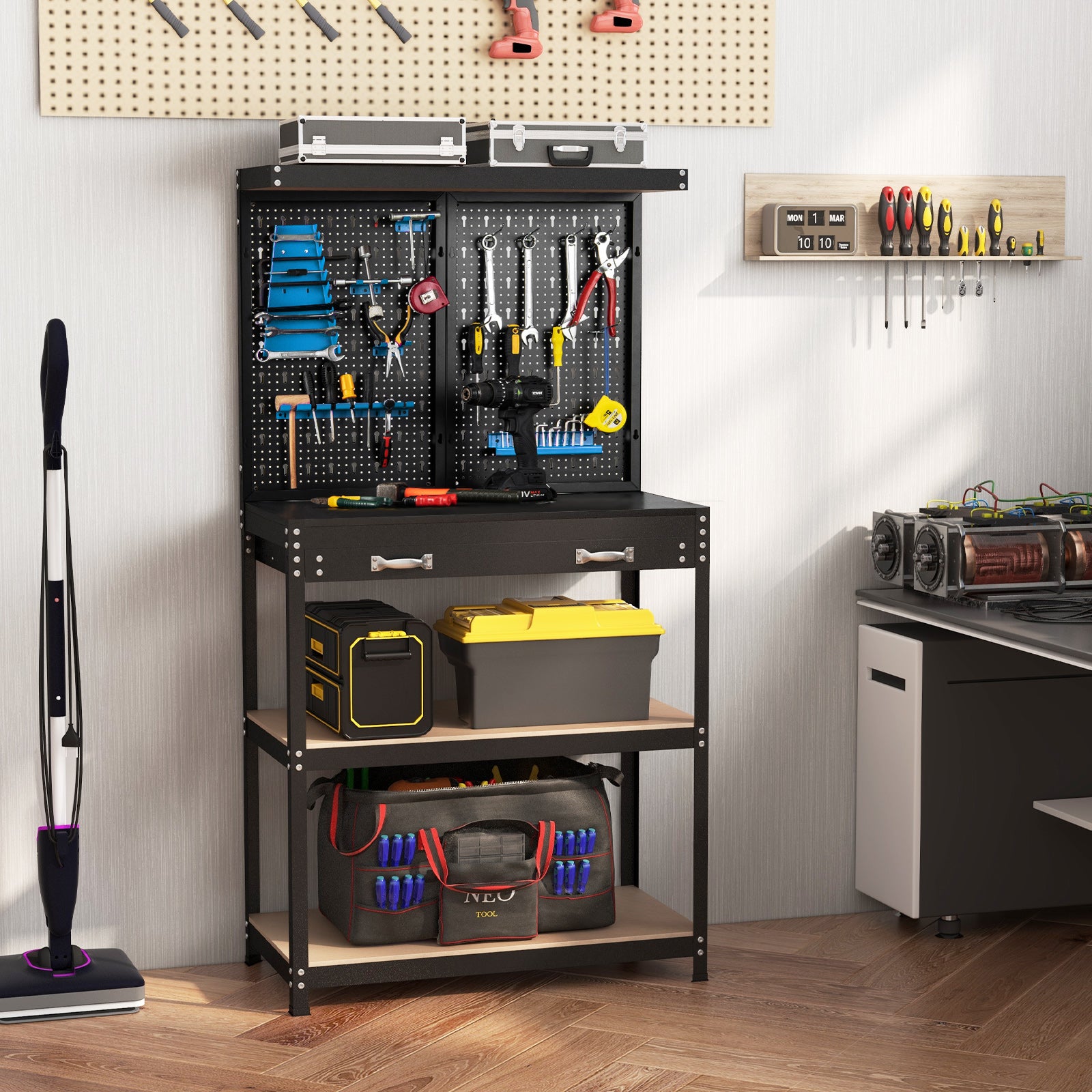 Tool Storage Workbench with Pegboard Shelves and Drawers-Blue – GardenArch