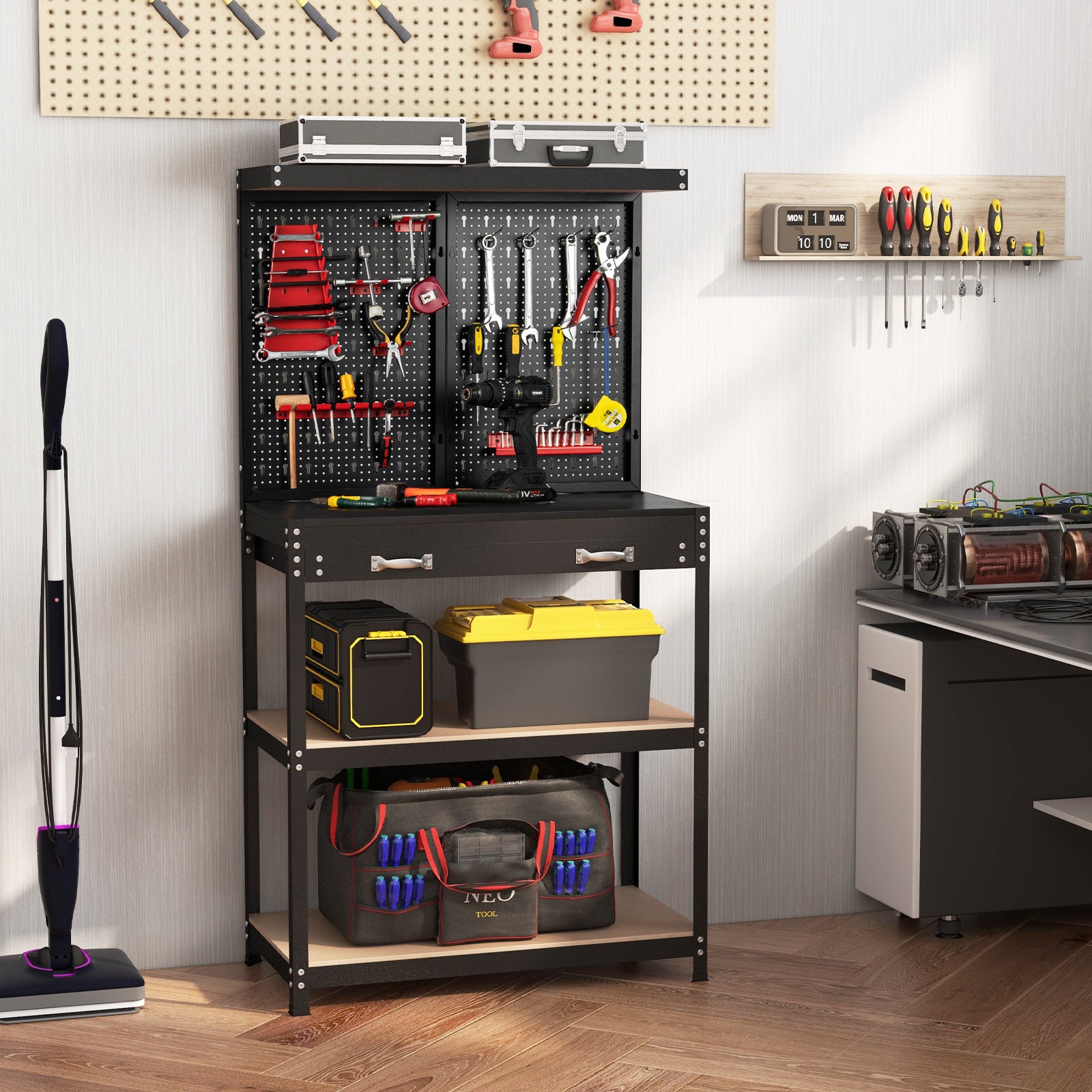 Tool Storage Workbench with Pegboard Shelves and Drawers-Red – GardenArch