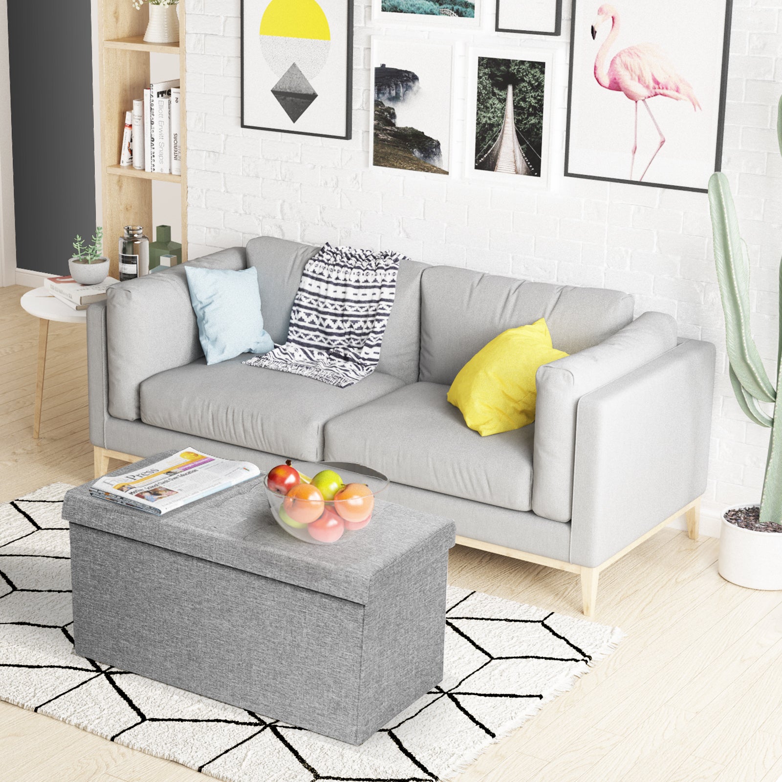 Fabric Foldable Storage Ottoman with Padded Seat for Living Room-Light Grey