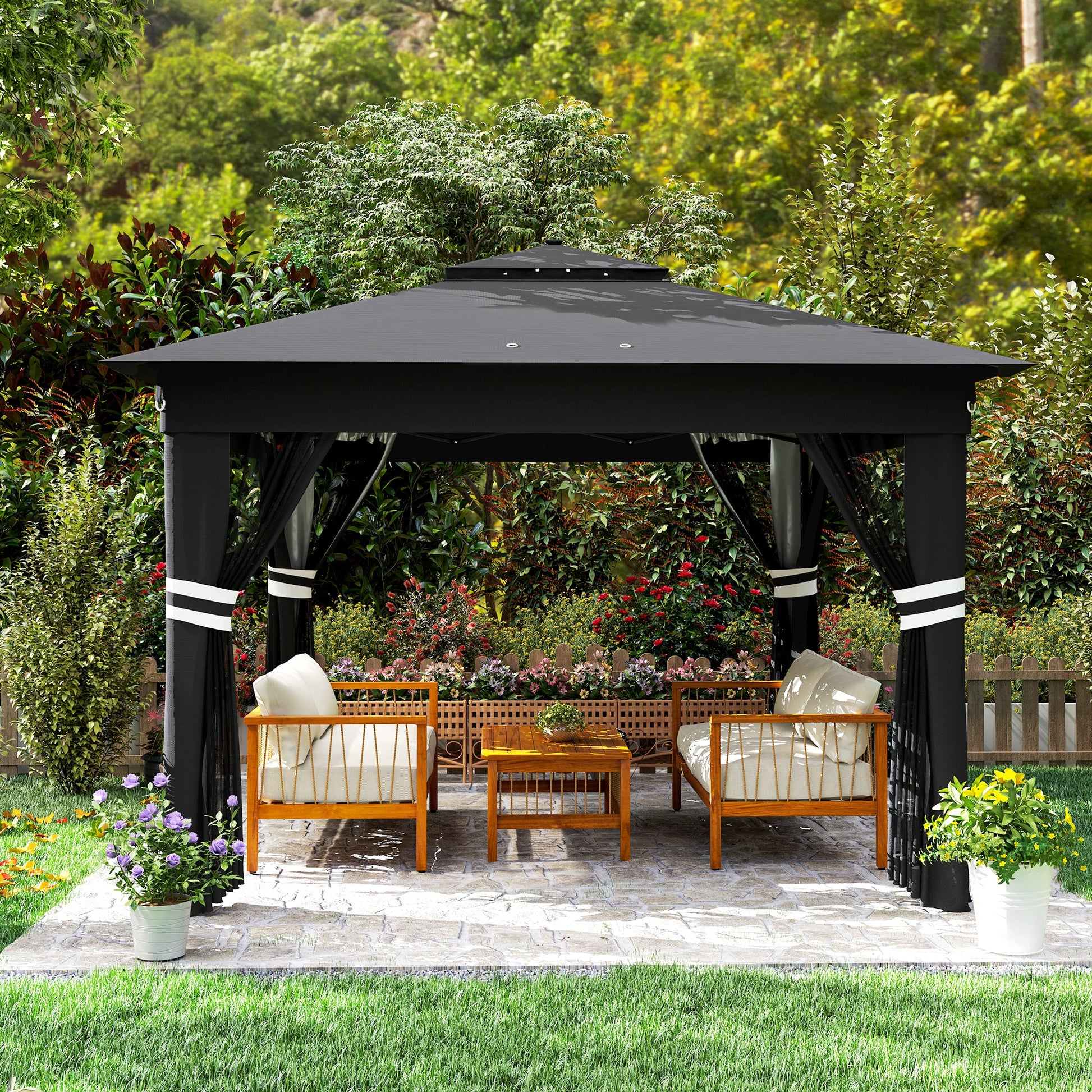 Outsunny 3 x 3(m) Pop Up Gazebo Party Tent with Solar-Powered LED Lights, Adjustable Event Shelter with Netting, Black