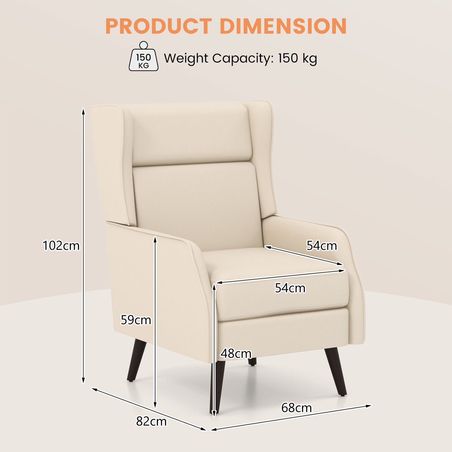 Traditional Fabric Wingback Chair with Removable Seat Cushion-White