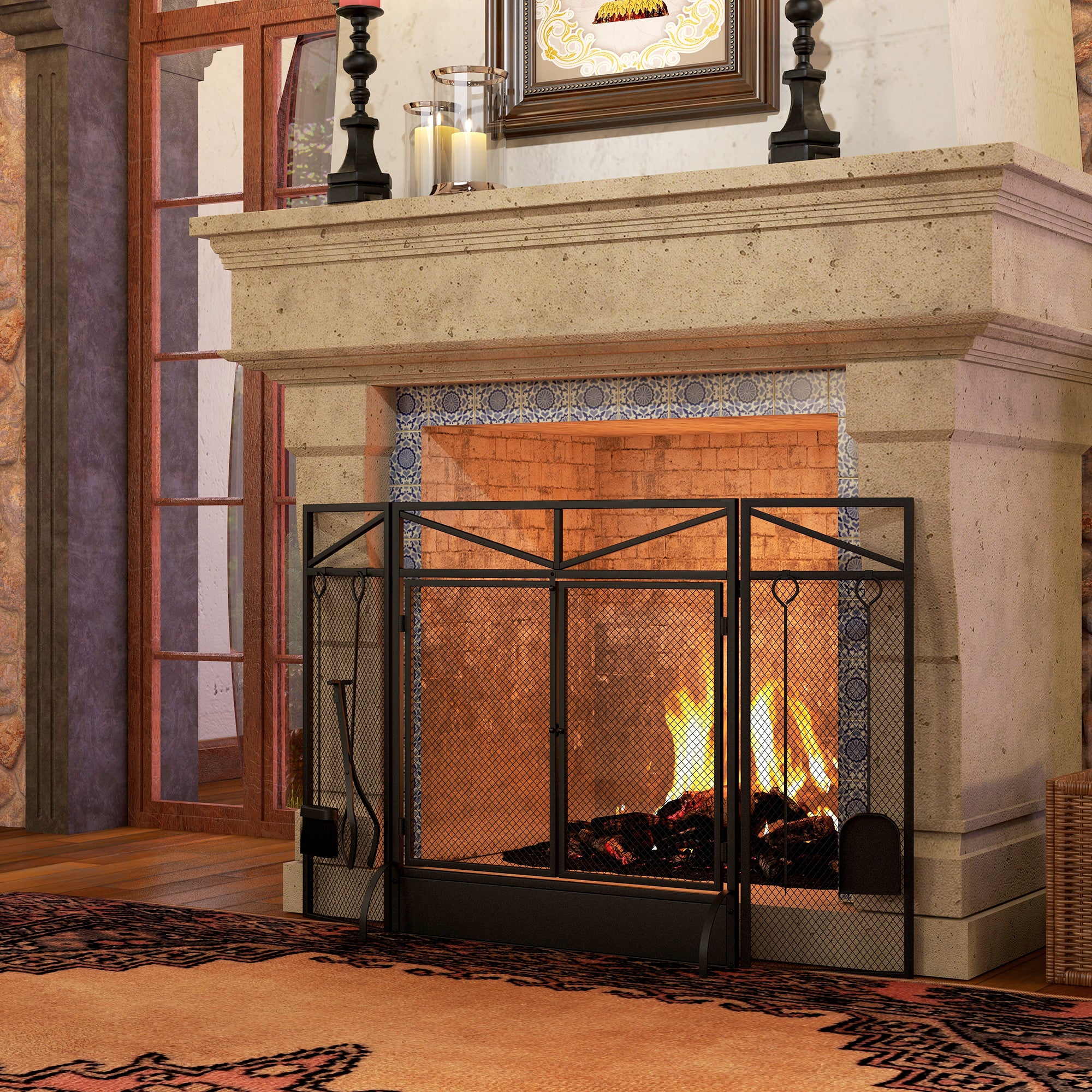 HOMCOM 3 Panel Folding Fire Guard Screen with Fireplace Tool Sets, Fro ...