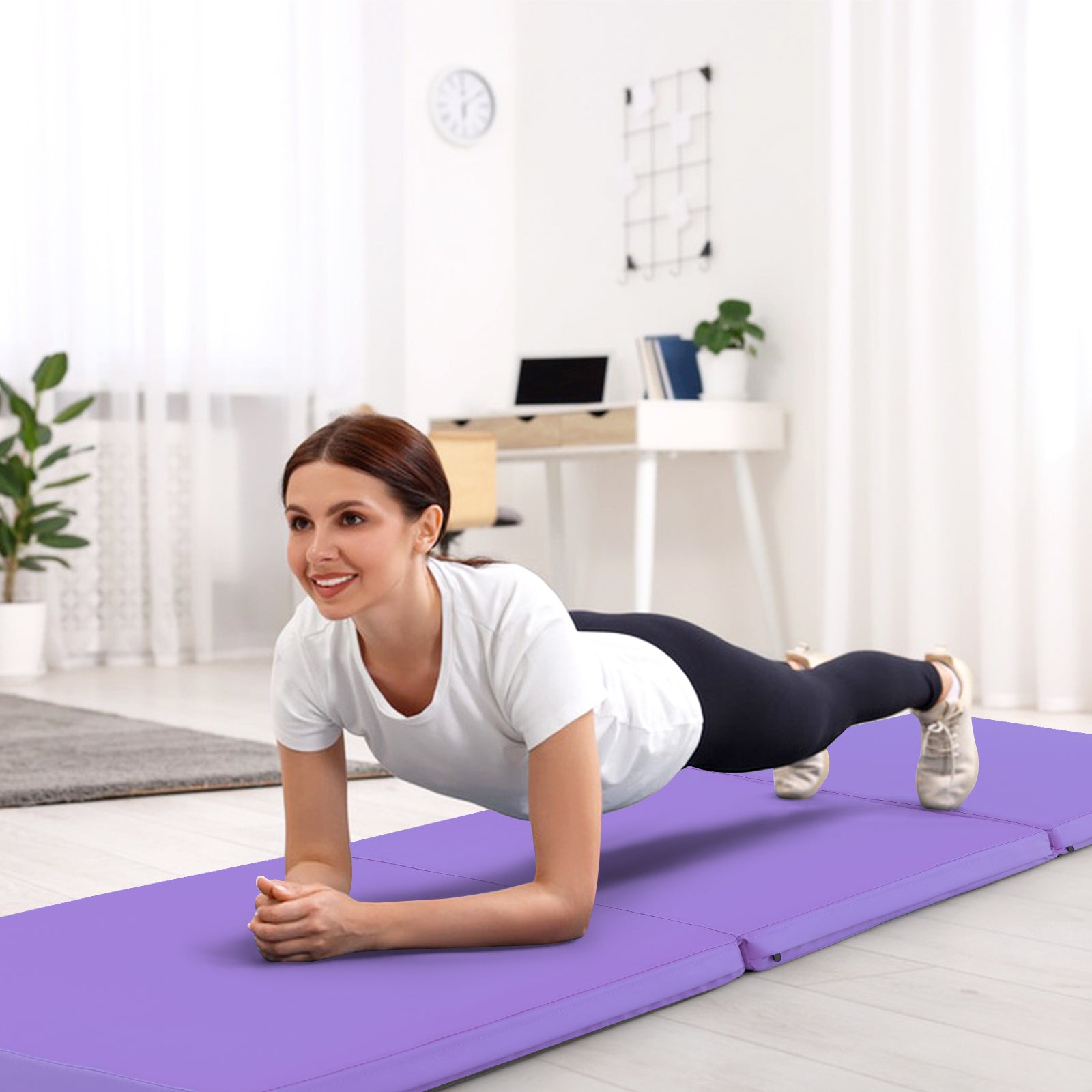 Tri-Fold Folding Exercise Mat with PU Leather Cover-Purple