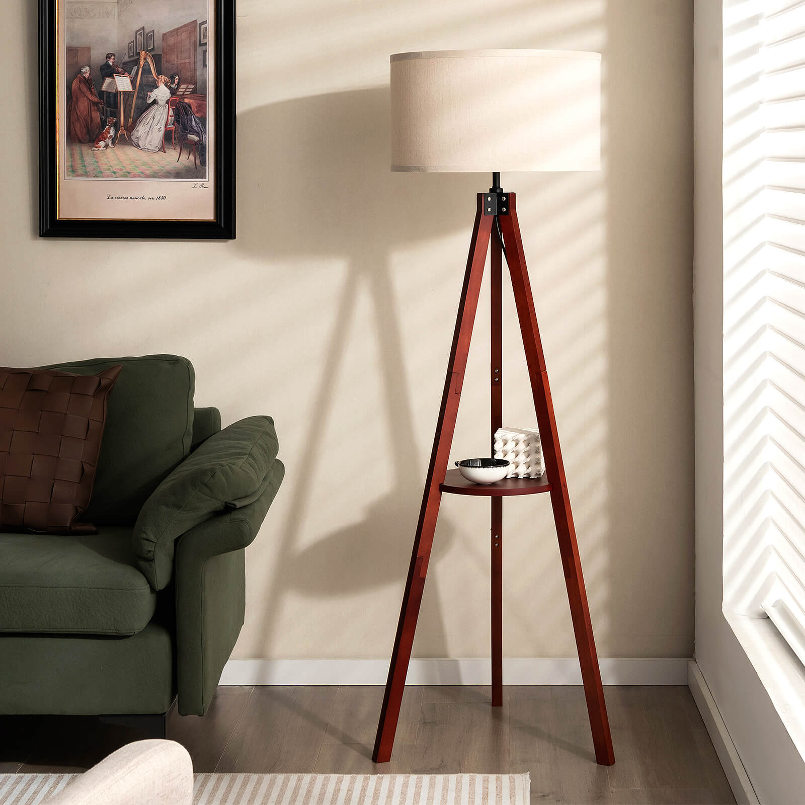 Tripod Floor Lamp Tall with Shelf and Foot Switch with E27 Lamp Base-Brown