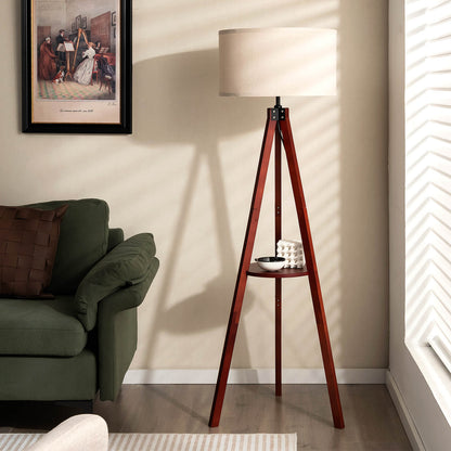 Tripod Floor Lamp Tall with Shelf and Foot Switch with E27 Lamp Base-Brown