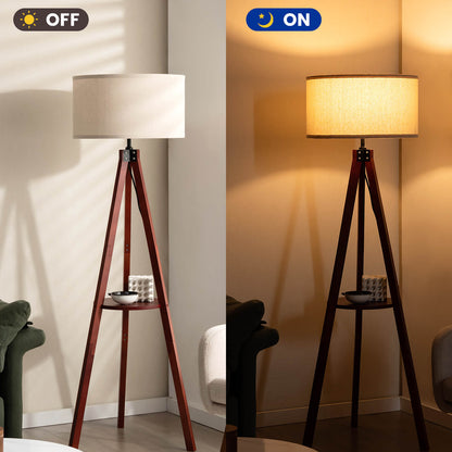 Tripod Floor Lamp Tall with Shelf and Foot Switch with E27 Lamp Base-Brown