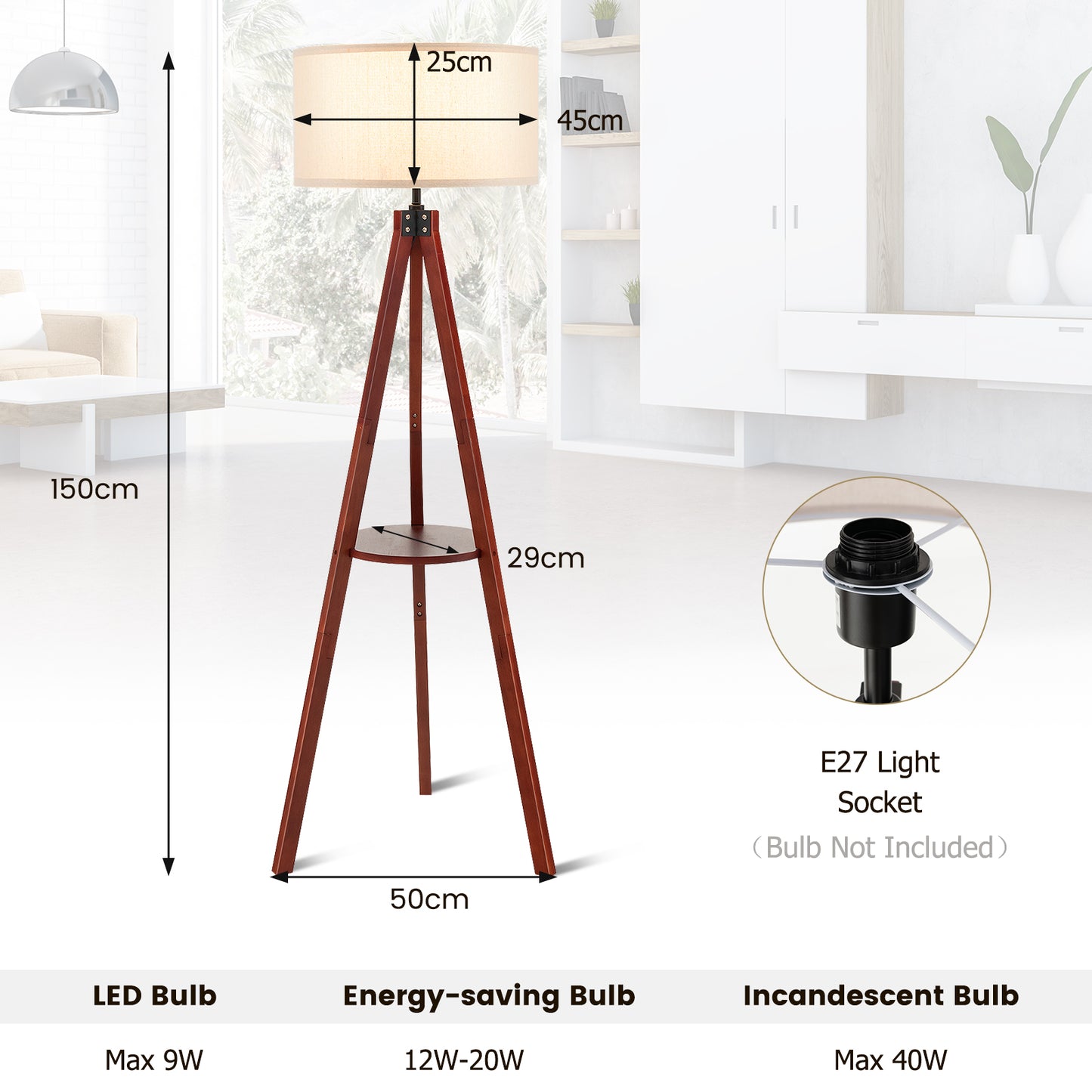 Tripod Floor Lamp Tall with Shelf and Foot Switch with E27 Lamp Base-Brown