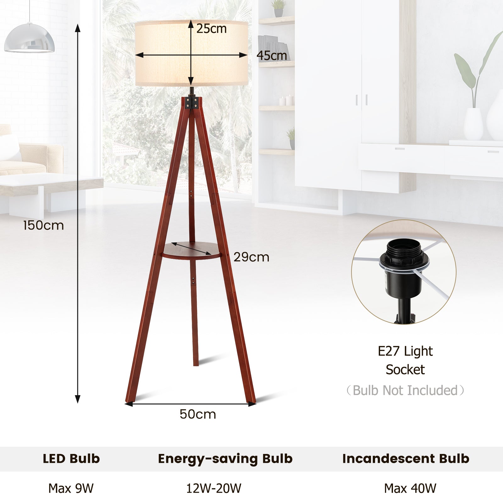 Tripod Floor Lamp Tall with Shelf and Foot Switch with E27 Lamp Base-Brown
