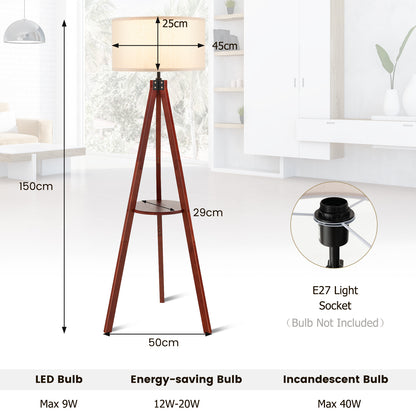 Tripod Floor Lamp Tall with Shelf and Foot Switch with E27 Lamp Base-Brown
