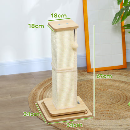 PawHut 3-in-1 Cat Scratching Post, 67cm Cat Scratcher w/ Track Ball Toy, Oak Tone