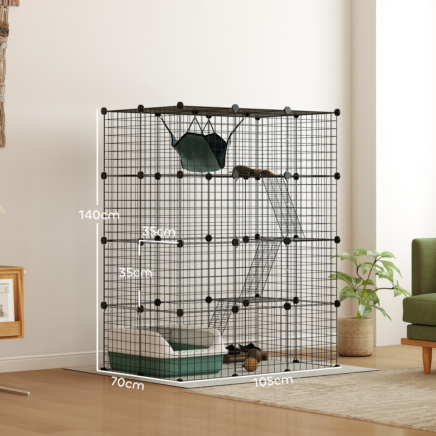 PawHut Four-Tier DIY Large Cat Cage with Hammock, Ramps, Five Doors, Indoor Use for 1-3 Cats, Black
