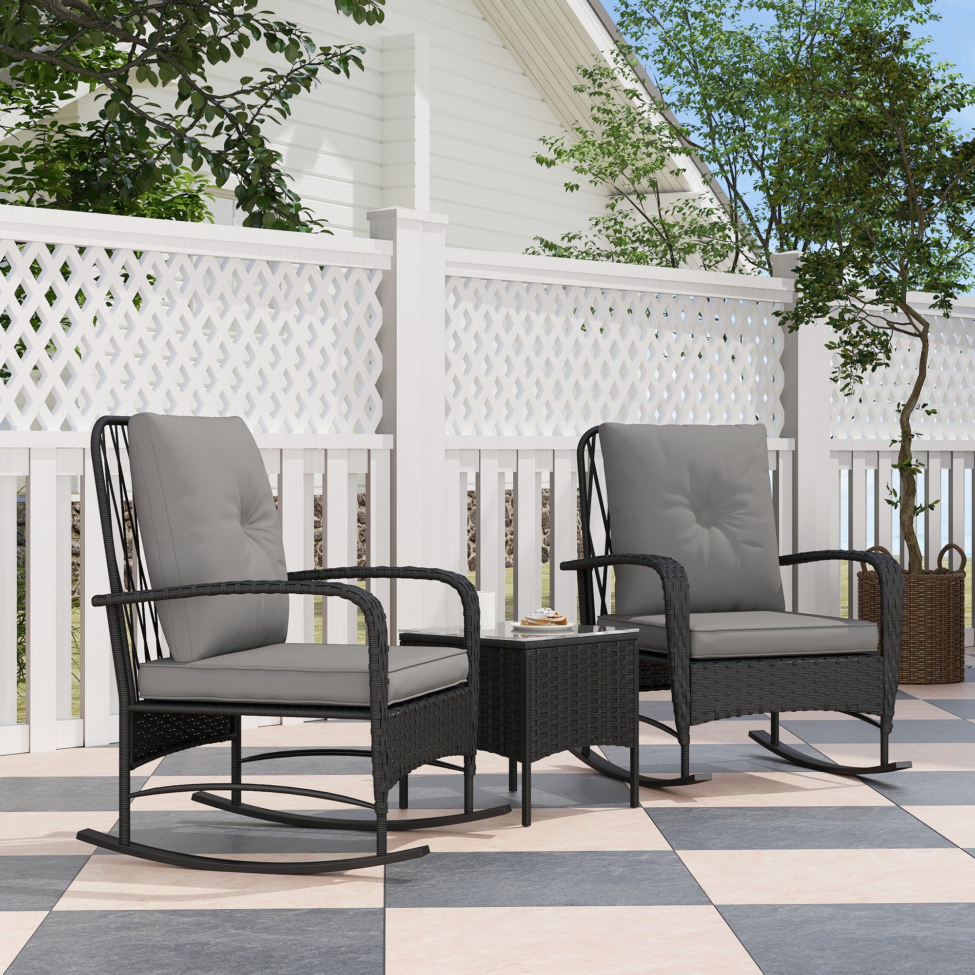 Outsunny Three-Piece Rocking Chair Rattan Bistro Set - Black – GardenArch