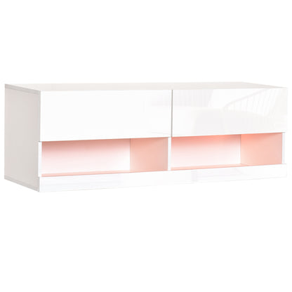 HOMCOM Wall Mount TV Stand with 20 Colors LED Lights, Remote Control, High Gloss Entertainment Center Media Console with Storage Compartments