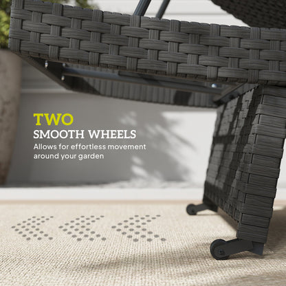 Outsunny Outdoor PE Rattan Sun Lounger, Folding Wicker Garden Lounger Recliner with 4-Level Adjustable Backrest, Rolling Sunbed Lounge Chair with Wheels, Non-Slip Legs for Balcony, Beach, Black