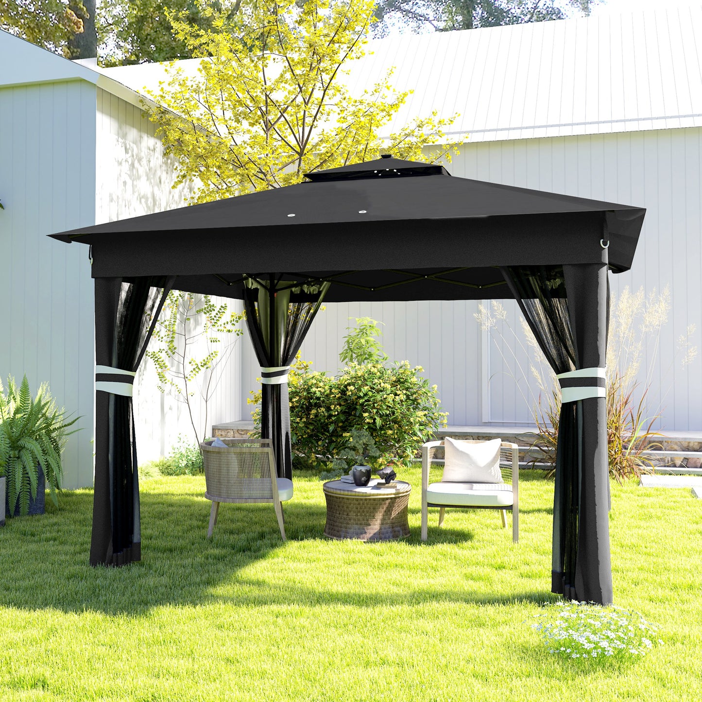 Outsunny 3 x 3(m) Pop Up Gazebo Party Tent with Solar-Powered LED Lights, Adjustable Event Shelter with Netting, Black