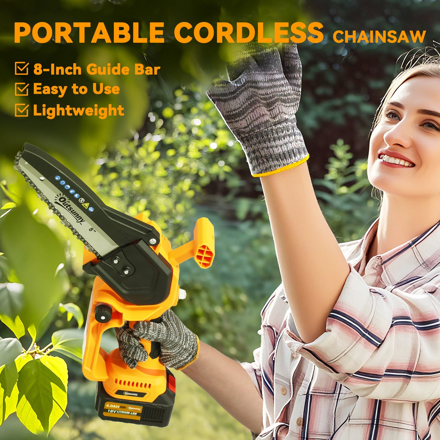 Outsunny 8 Inch Electric Chainsaw, Cordless Chain Saw with Brushless Motor, 2 4.0Ah Batteries and Safety Lock, Handheld Portable Wood Pruning Saw for Trimming Cutting, Orange