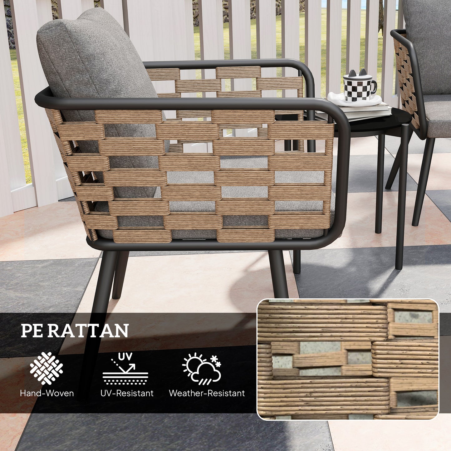 Outsunny 3 Pieces Rattan Bistro Set with Washable Seat and Back Cushions, Glass Top Coffee Table, for Outdoor, Patio, Black