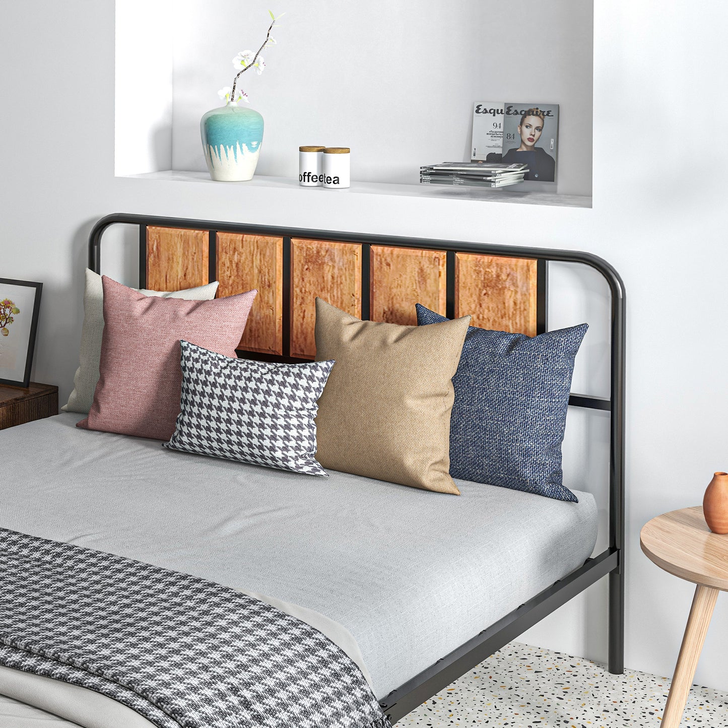 HOMCOM 31cm King Size Bed Frame, Industrial Bed Base with Headboard, Footboard, Steel Slat Support and Under Bed Storage, 160 x 207cm