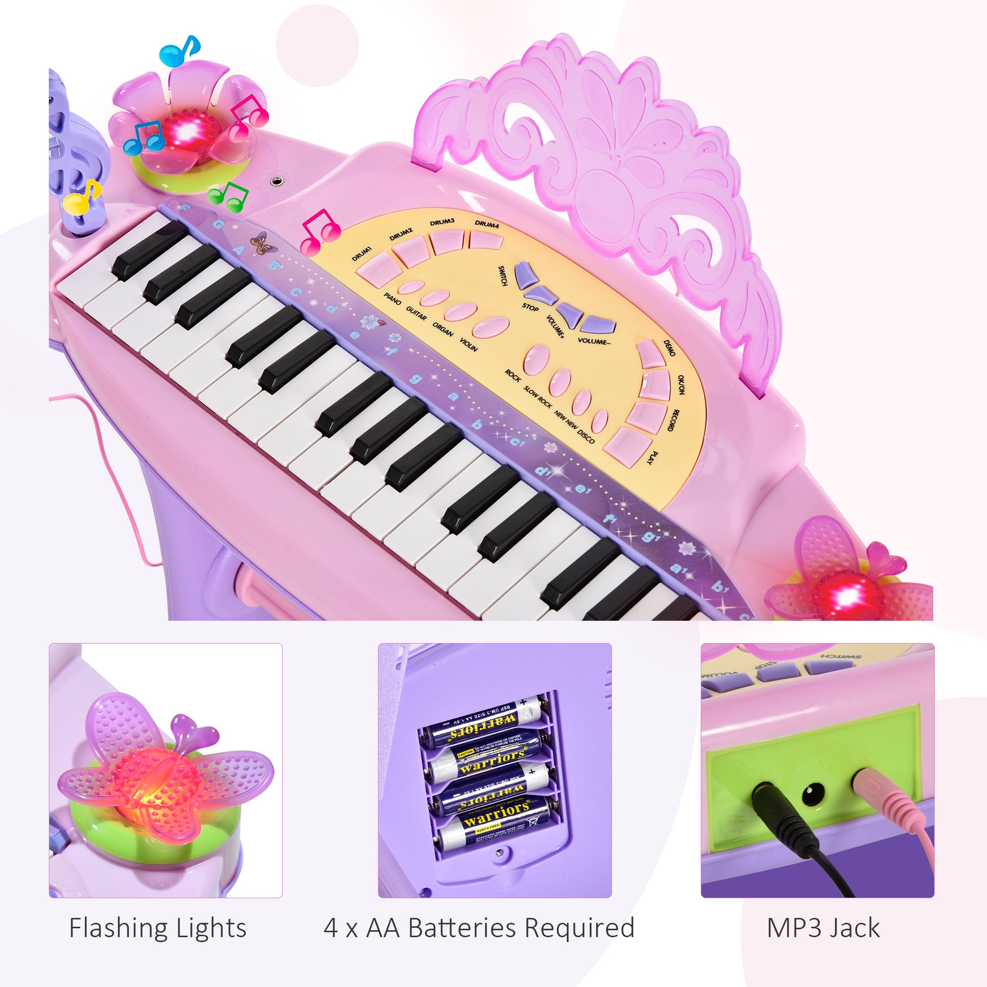 HOMCOM Mini Electronic Organ Piano W/Microphone and Stool-Purple/Pink