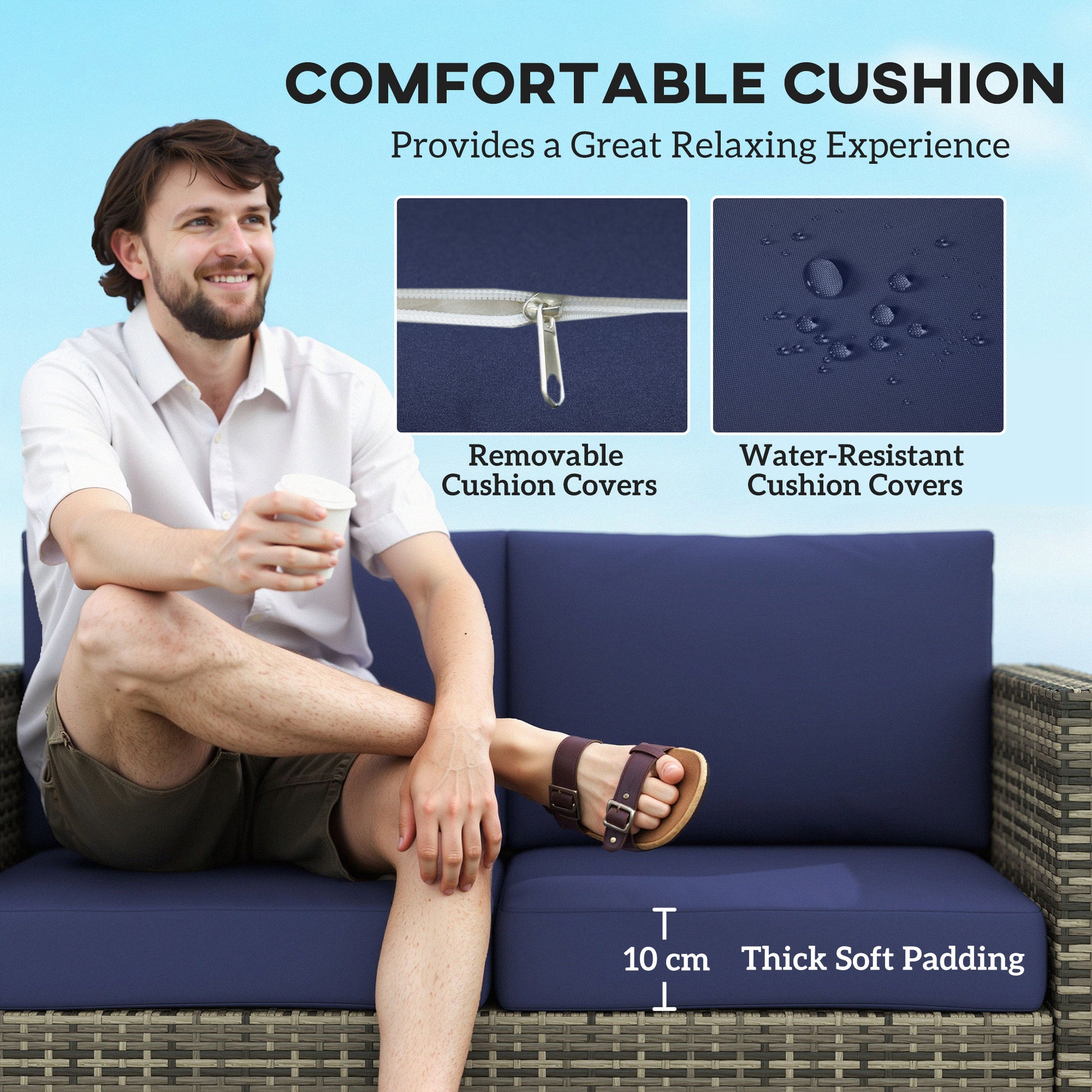 Outsunny Rattan Sofa, 2 Seater Garden Furniture with Soft Padded Cushion and Armrests, Wicker Garden Loveseat for Patio, Navy Blue